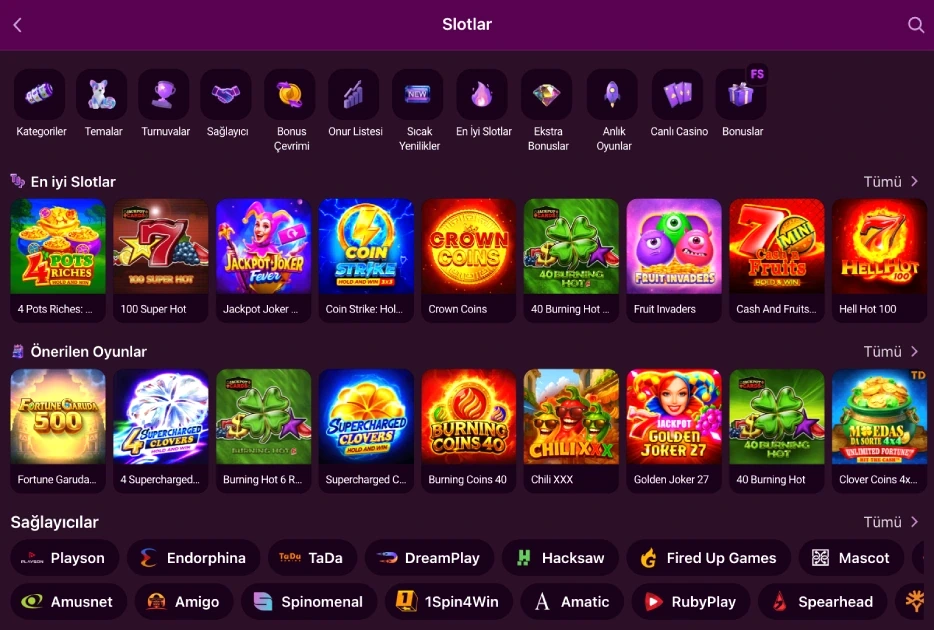 Luks Casino homepage view of the slot library category icons and provider list